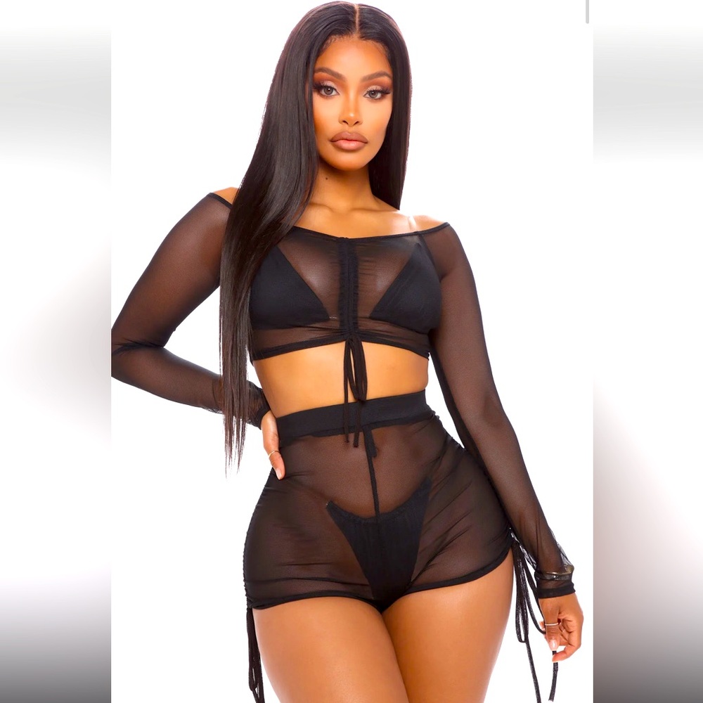• Fashion Nova | Oasis Babe Ruched Mesh Cover Up Set Black